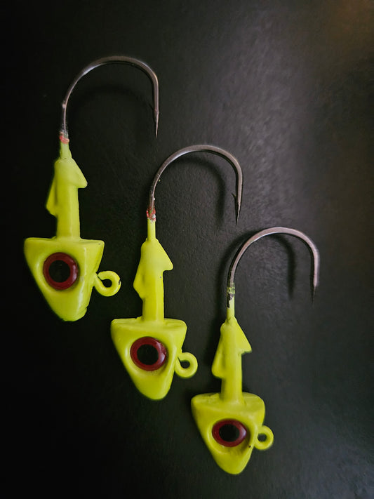 EZ Jig Heads, ½ oz, Yellow with red eyes and 3/0 Hooks