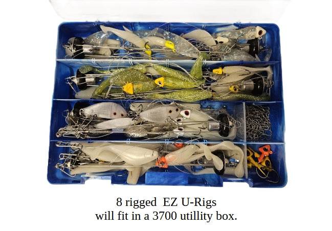 An image of a blue 3700 size utillity box filled with 8 rigged EZ U-Rigs and some spare parts. The text says, "8 rigged  EZ U-Rigs will fit in a 3700 utillity box.".