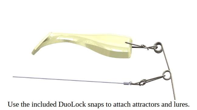 The image is of the end of a rigged EZ U-Rig arm, it show a swimbait body attached with a Duo Lock snap on the end ring and a leader line attached with a Duo Lock snap on the next inside ring. The text says "Use the included DuoLock snaps to attach attractors and lures.".