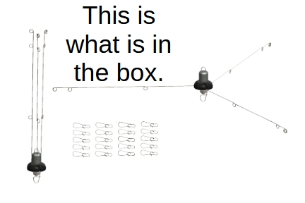 An image, the text says "What is in the box." It shows 2 EZ U-Rigs, 1 opened and 1 folded, and 2 DuoLock snap links.